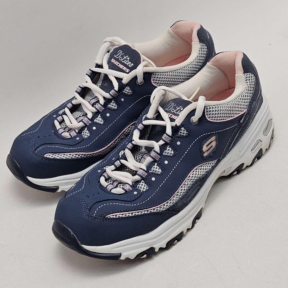 Skechers D'Lites Navy White Pink Chunky Sneakers Womens 9.5 11860 NVW